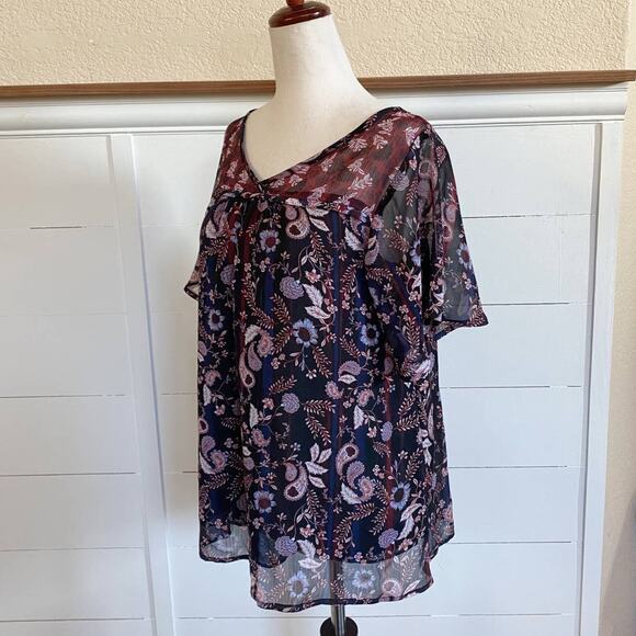 Knox Rose Women's Short Sleeve Floral Paisley Red Blue Top‎ Blouse V-Neck XS - Picture 5 of 12